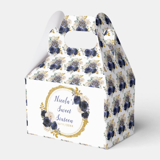 Navy Blue and Gold Elegant Flowers Sweet Sixteen Favor Box (Front Side)