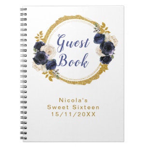 Navy Blue and Gold Elegant Flowers Sweet Sixteen Notebook