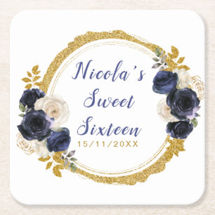 Navy Blue and Gold Elegant Flowers Sweet Sixteen Square Paper Coaster