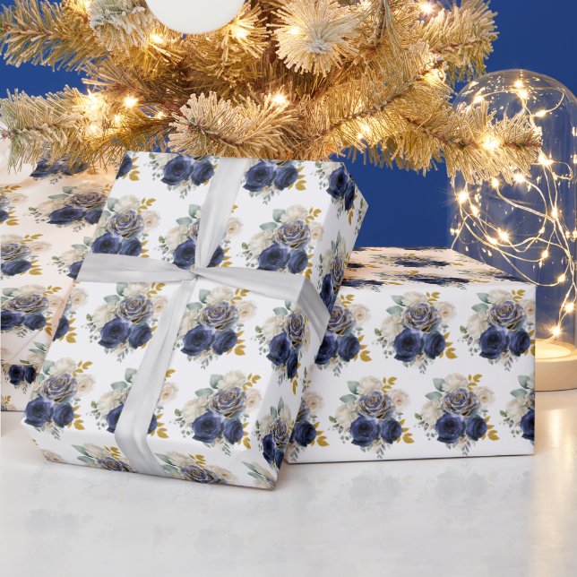 Navy Blue and Gold Elegant Flowers  Wrapping Paper (Holidays)