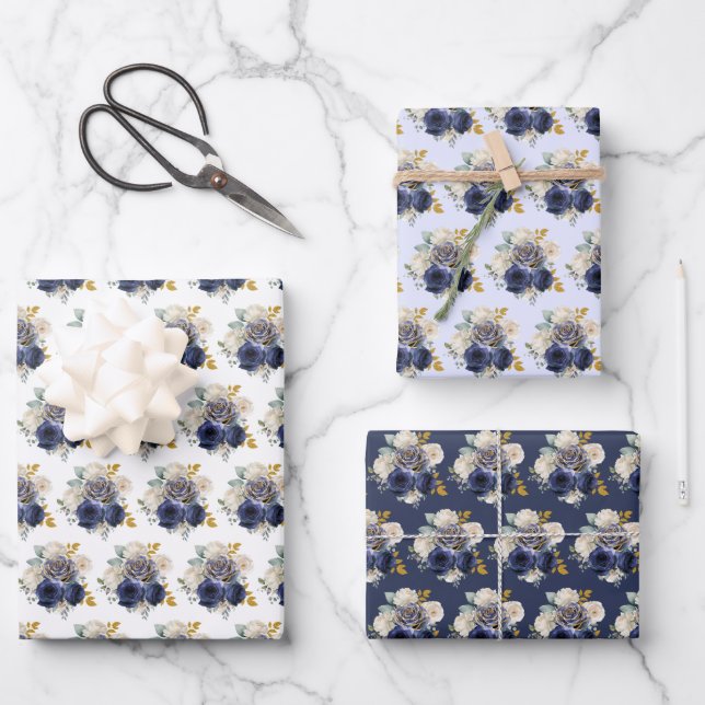 Navy Blue and Gold Elegant Flowers  Wrapping Paper Sheet (Front)