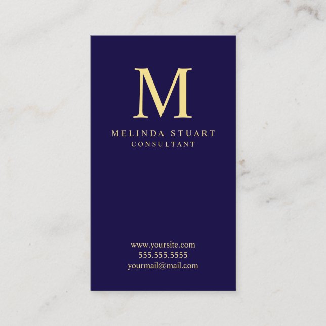 Navy Blue and Gold Elegant Monogram Business Card (Front)