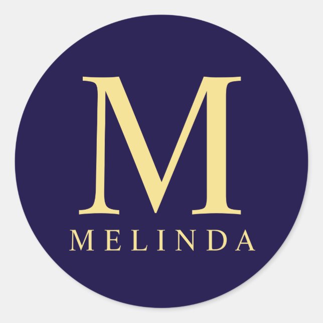 Navy Blue and Gold Elegant Monogram Classic Round Sticker (Front)