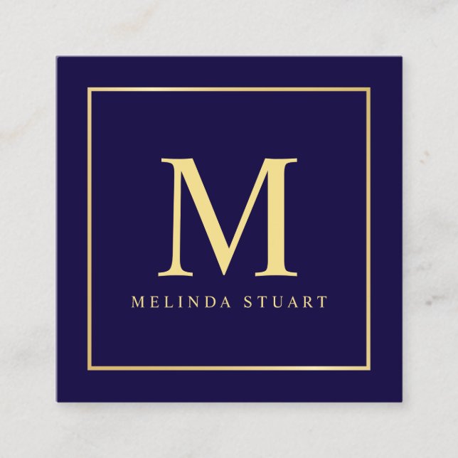 Navy Blue and Gold Elegant Monogram Square Business Card (Front)