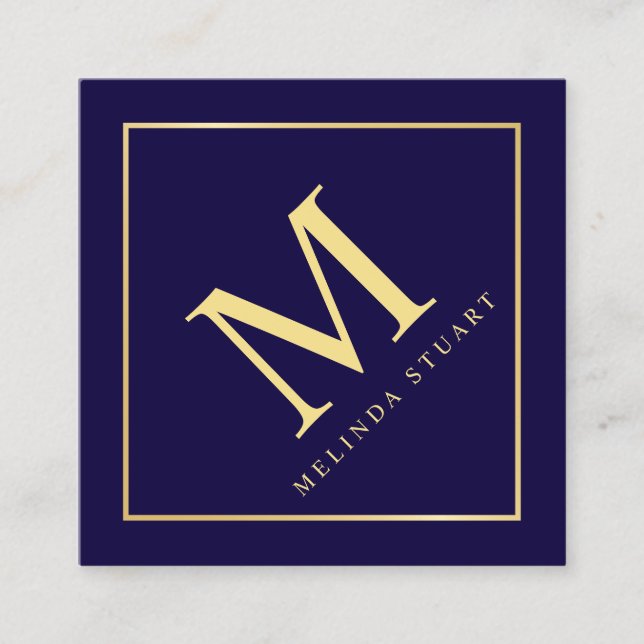 Navy Blue and Gold Elegant Monogram Square Business Card (Front)