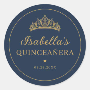 Navy Blue and Gold Elegant Tiara Quinceañera Classic Round Sticker