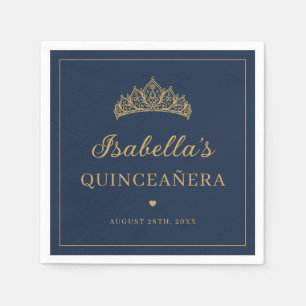Navy Blue and Gold Elegant Tiara Quinceañera Napkin