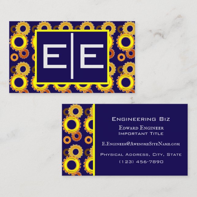 Navy Blue and Gold Engineering Gears Business Card (Front/Back)