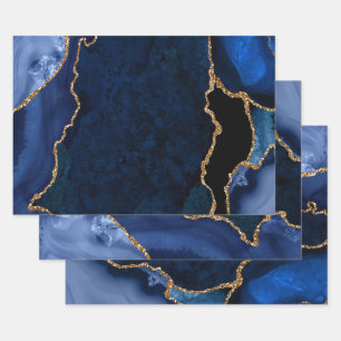 Navy Blue and Gold Faux Glitter Agate Wrapping Paper Sheet