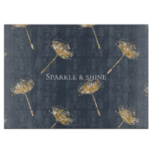 Navy Blue and Gold Faux Glitter Dandelion Flowers Cutting Board