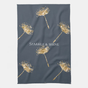 Navy Blue and Gold Faux Glitter Dandelion Flowers Kitchen Towel