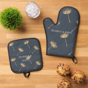 Navy Blue and Gold Faux Glitter Dandelion Flowers Oven Mitt & Pot Holder Set