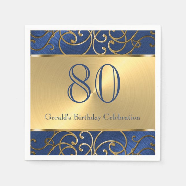 Navy Blue and Gold Filigree Swirls Napkin (Front)