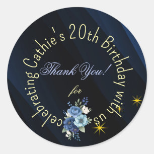 Navy Blue and Gold Floral 20th Birthday Favour Sti Classic Round Sticker