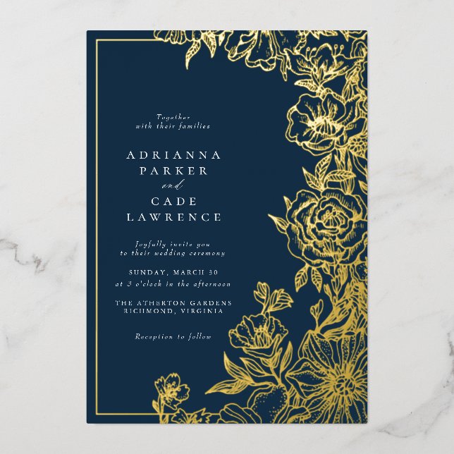 Navy Blue and Gold Floral | Classic Wedding (Front)