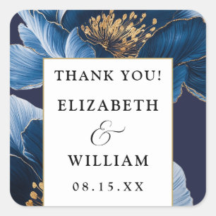 Navy Blue And Gold Floral Elegant Thank You Favour Square Sticker