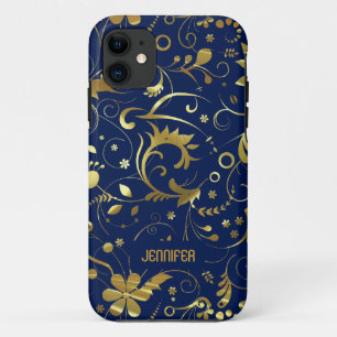 Navy Blue And Gold Floral Fabric Pattern iPhone 11 Case