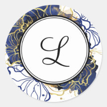 Navy Blue and Gold Floral Monogram Sticker
