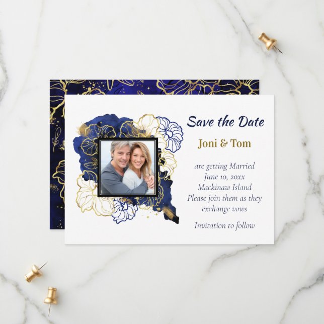 Navy Blue and Gold Floral Photo Save The Date  (Front/Back In Situ)