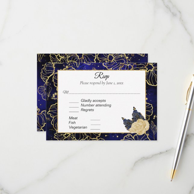 Navy Blue and Gold Floral RSVP (Front/Back In Situ)