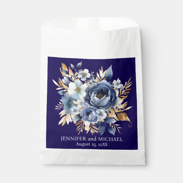 Navy Blue and Gold Floral Wedding Favour Bag (Front)
