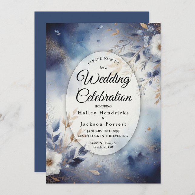Navy Blue and Gold Floral Wedding Invitation (Front/Back)