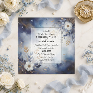 Navy Blue and Gold Floral Wedding Invitation