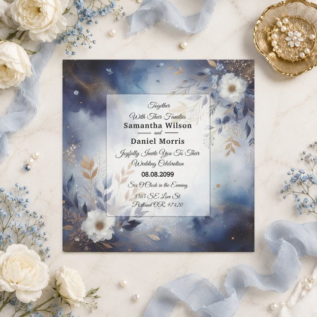 Navy Blue and Gold Floral Wedding  Invitation (Creator Uploaded)