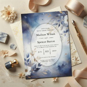 Navy Blue and Gold Floral Wedding Invitation