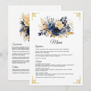 Navy Blue and Gold Floral Wedding Menu