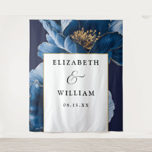Navy Blue And Gold Floral Wedding Photo Backdrop Tapestry