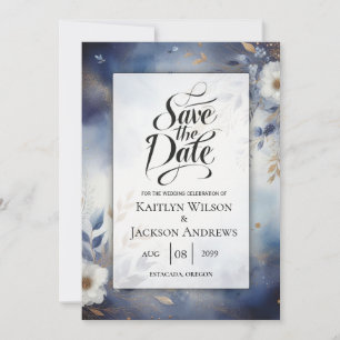 Navy Blue and Gold Floral Wedding Save the Date