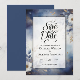 Navy Blue and Gold Floral Wedding Save the Date