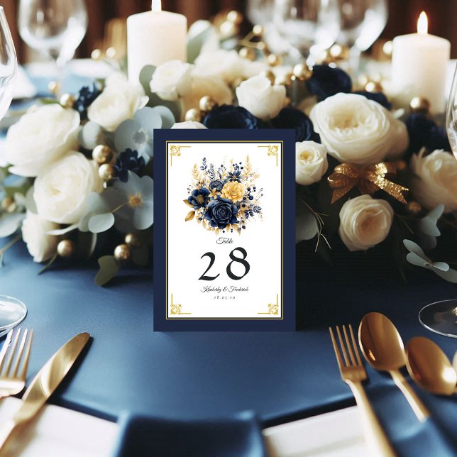 Navy Blue and Gold Floral Wedding Table Number (Navy Blue and Gold Floral Wedding Table Number)