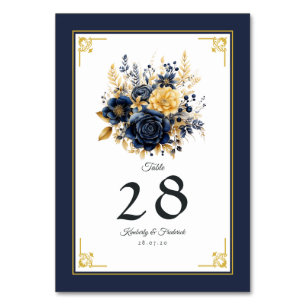 Navy Blue and Gold Floral Wedding Table Number