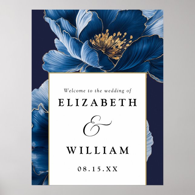Navy Blue And Gold Floral Wedding Welcome Sign (Front)