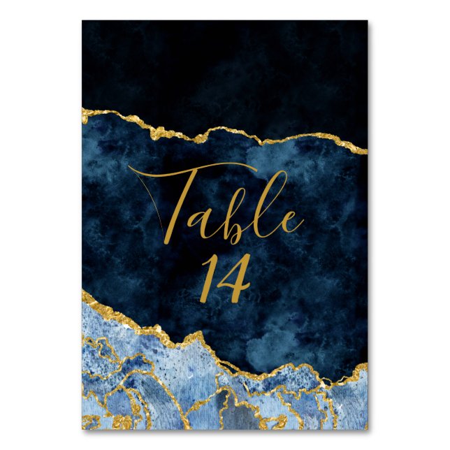 Navy Blue and Gold Foil Agate Marble Wedding Table Number (Front)