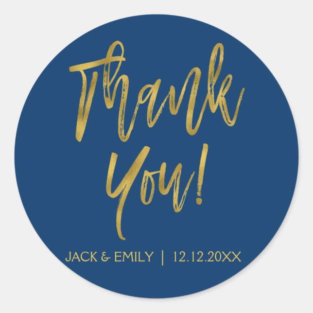 Navy Blue and Gold Foil Photo Thank You Sticker (Front)