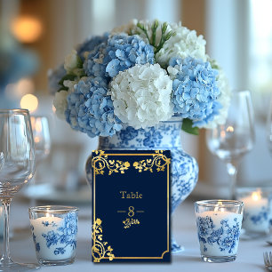 Navy Blue and Gold Foil Roses Wedding Table Number