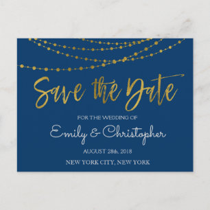 Navy Blue and Gold Foil Save the Date Announcement Postcard