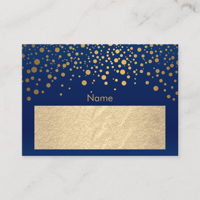 Navy Blue and Gold Foil with Confetti Dots Place Card (Front)
