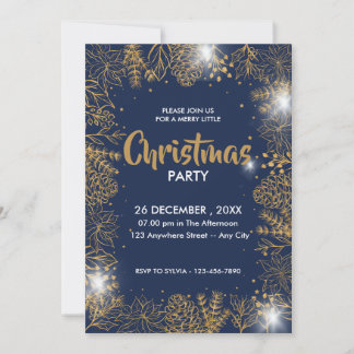 Navy Blue And Gold Foliage Merry Christmas Party Invitation