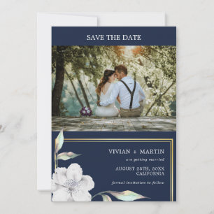 Navy Blue And Gold Frame Floral Photo Wedding Save The Date