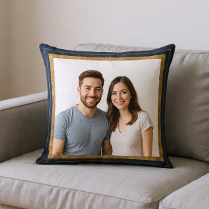 Navy Blue and Gold Frame Photo Throw Pillow