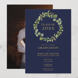 Navy Blue And Gold Garland Photo Graduation Party Invitation