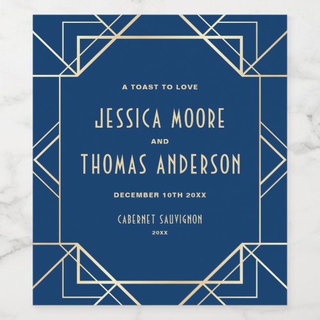 Navy Blue and Gold Gatsby Art Deco Custom Wedding Wine Label (Single Label)