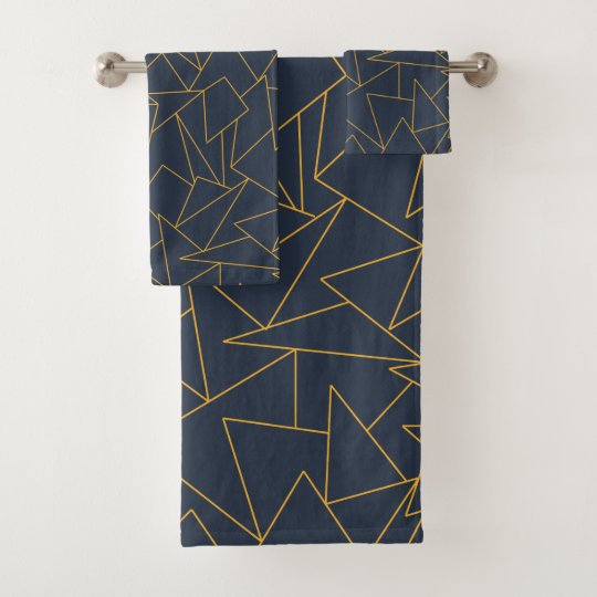 Navy blue and gold geometric bath towel set Zazzle.ca