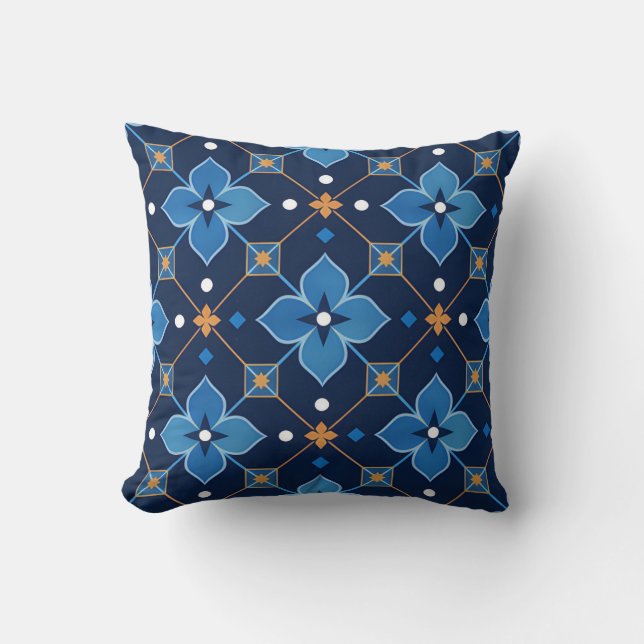 Navy Blue and Gold Geometric Floral Pattern Throw Pillow (Front)