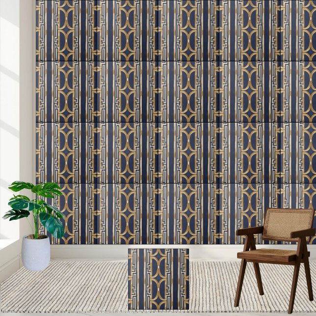 Navy Blue and Gold Geometric Greek Key Tile (Navy Blue and Gold Geometric Greek Key Tile)