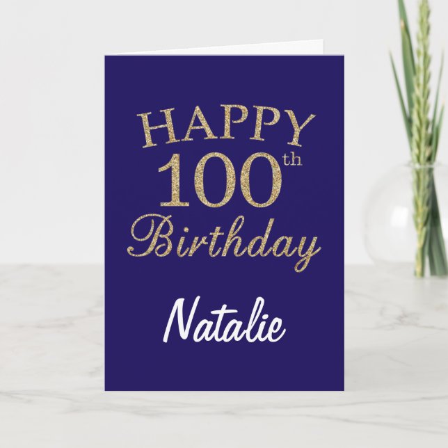 Navy Blue and Gold Glitter 100th Birthday Card (Front)